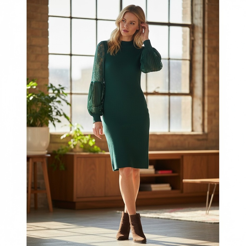 Belldini Knit Dress Medium Teal Green Lace Pleated Balloon Sleeve Contemporary